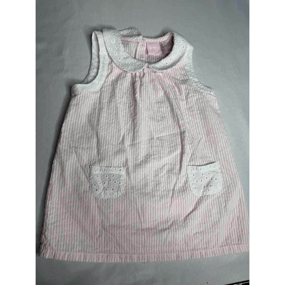 Dylan & Abby Girls Pink White Striped Seersucker Eyelet Lace Dress 4T Sleeveless